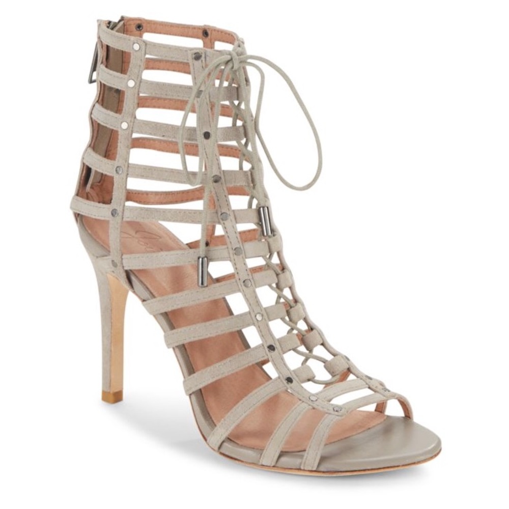 Joie Rhoda Cage Suede Leather Stiletto Heeled Sandals: Dove/Taupe